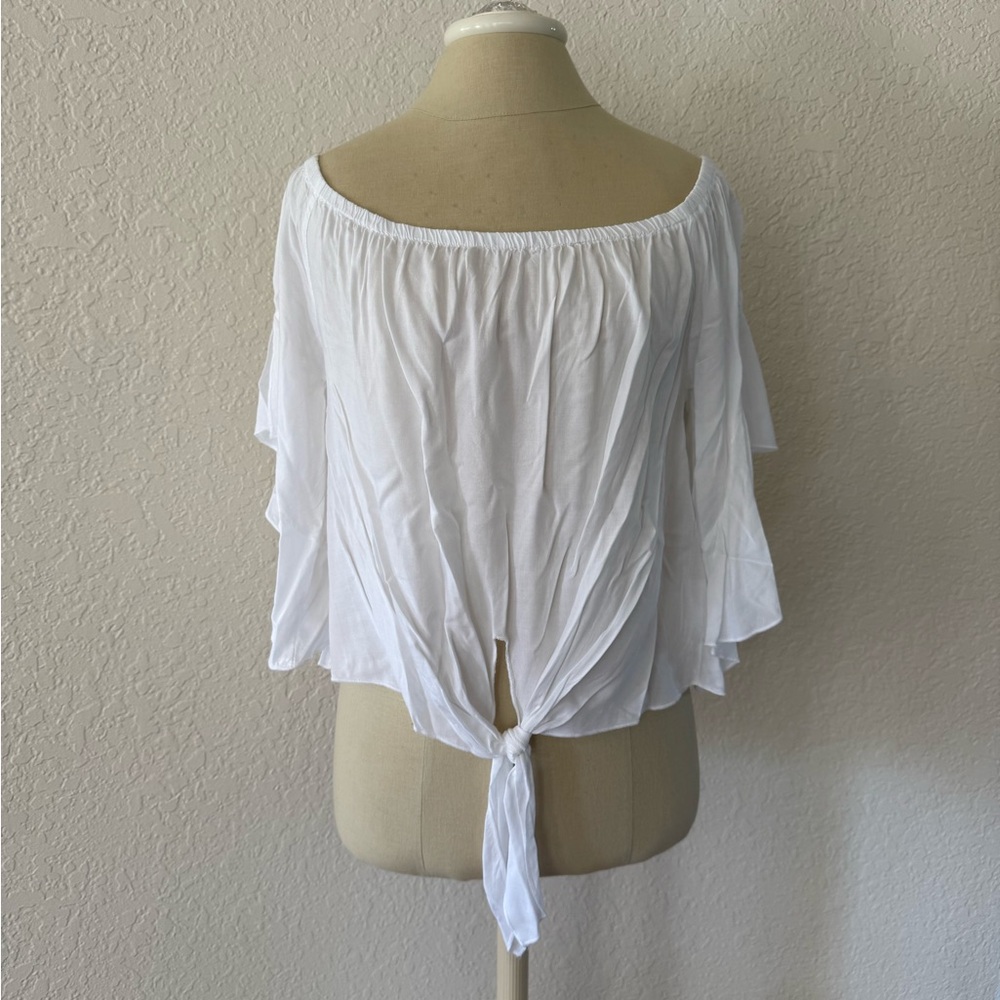 Elan White Off-Shoulder Blouse with Tie-Back
